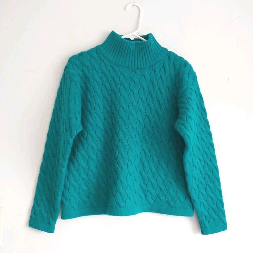 Vtg Classiques Sweater Womens XS/M*Green Merino Wool Oversized Cable Knit Funnel
